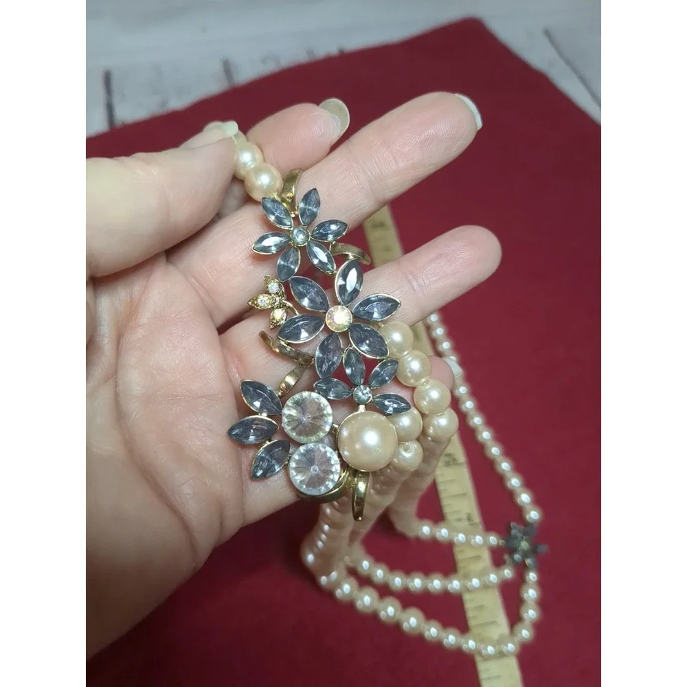 Vintage Faux Pearl And Rhinestone 3‎ Strand Necklace
